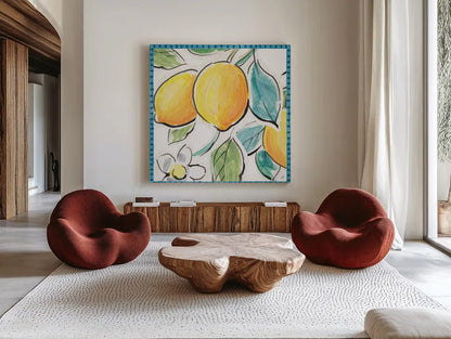 Mediterranean Breeze XV by Daphne Brissonnet. Shown as extra-large giant wall art in a modern living room. Available as an archival giclee rolled canvas, fine art paper, or poster print. SKU 47058a.