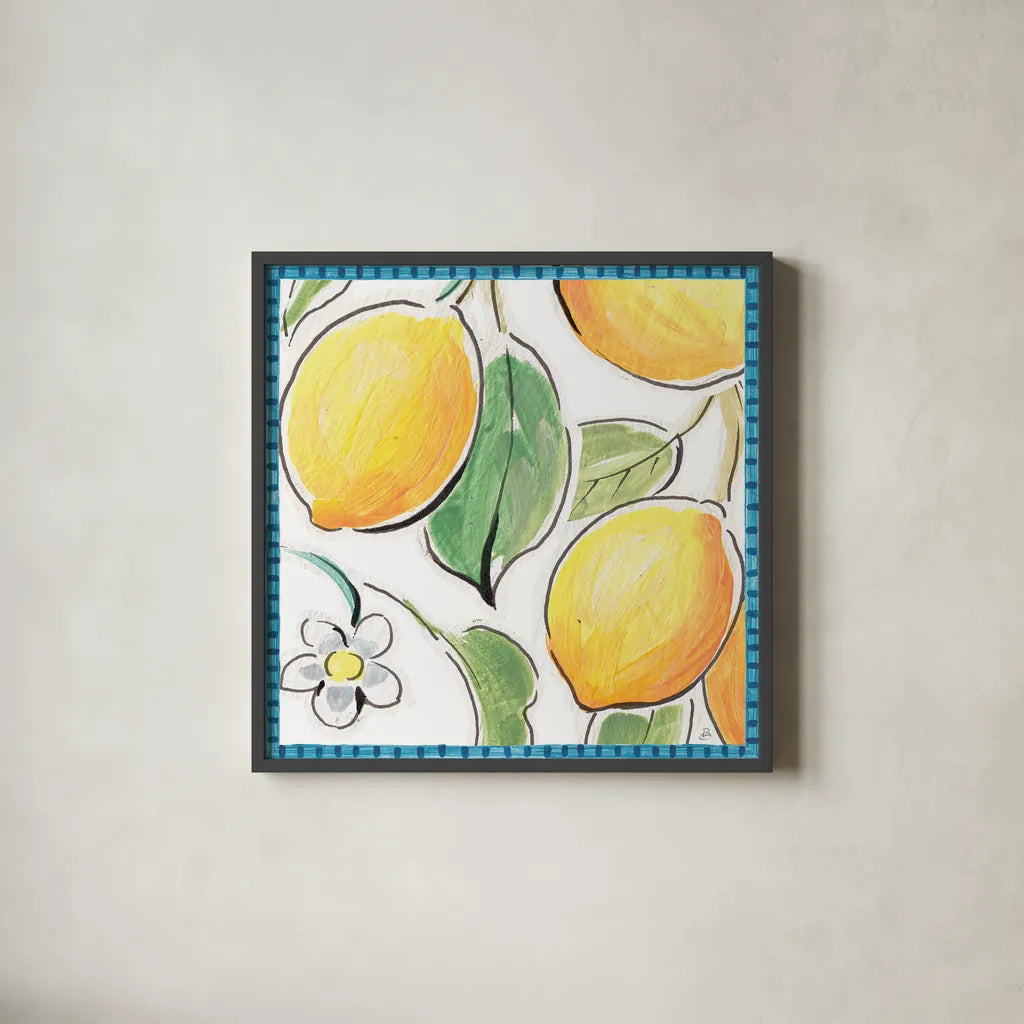 Mediterranean Breeze XVI by Daphne Brissonnet. Shown in a sleek black glass frame for a contemporary gallery look. Available as an archival giclee rolled canvas, fine art paper, or poster print. SKU 47059a.