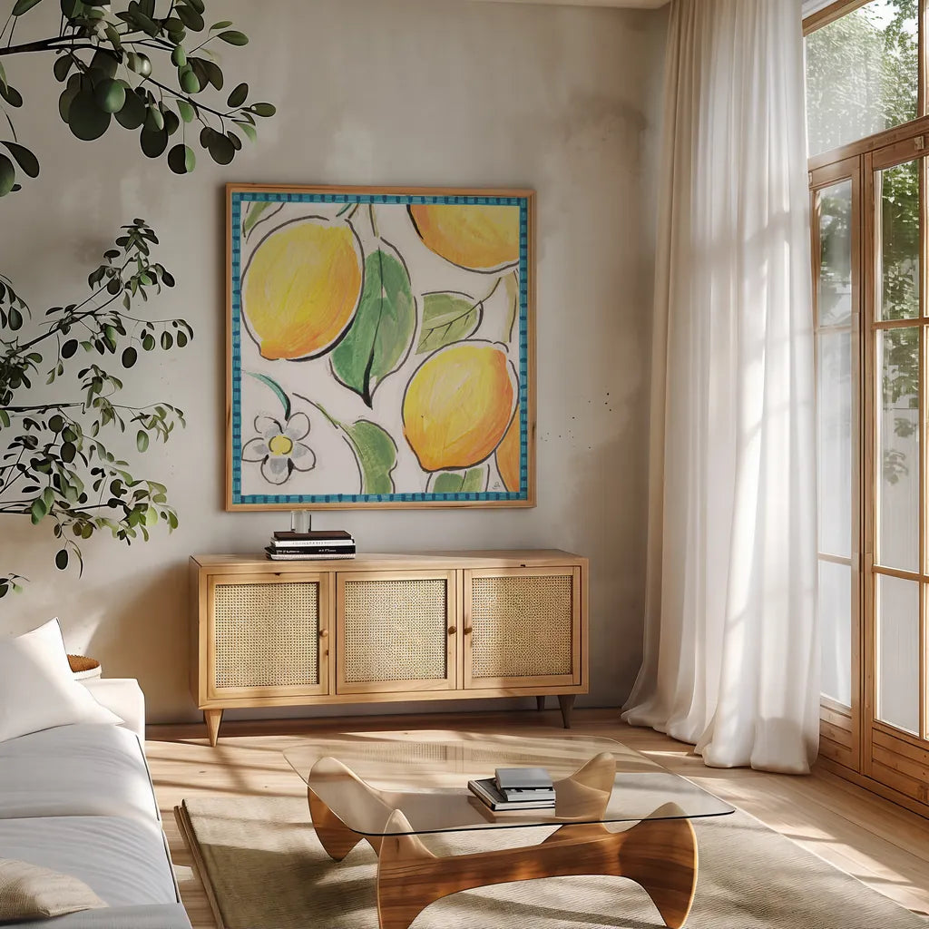 Mediterranean Breeze XVI by Daphne Brissonnet. Shown in a natural wood frame in a cozy modern living room. Available as an archival giclee rolled canvas, fine art paper, or poster print. SKU 47059a.