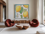 Mediterranean Breeze XVI by Daphne Brissonnet. Shown as extra-large giant wall art in a modern living room. Available as an archival giclee rolled canvas, fine art paper, or poster print. SKU 47059a.