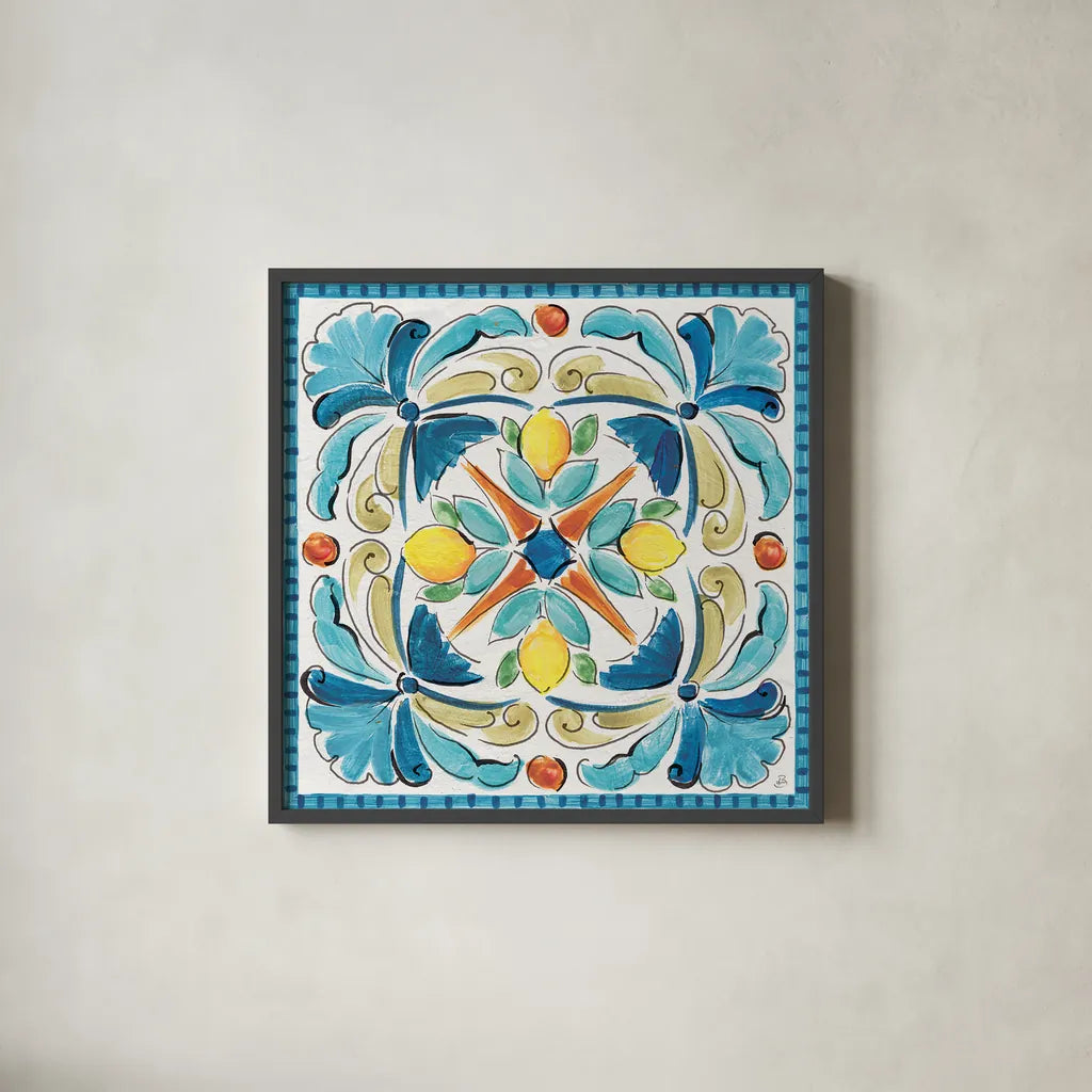 Mediterranean Breeze XVII by Daphne Brissonnet. Shown in a sleek black glass frame for a contemporary gallery look. Available as an archival giclee rolled canvas, fine art paper, or poster print. SKU 47060a.