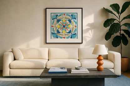 Mediterranean Breeze XVII by Daphne Brissonnet. Displayed in a glass frame with matte in a clean modern living room. Available as an archival giclee rolled canvas, fine art paper, or poster print. SKU 47060a.