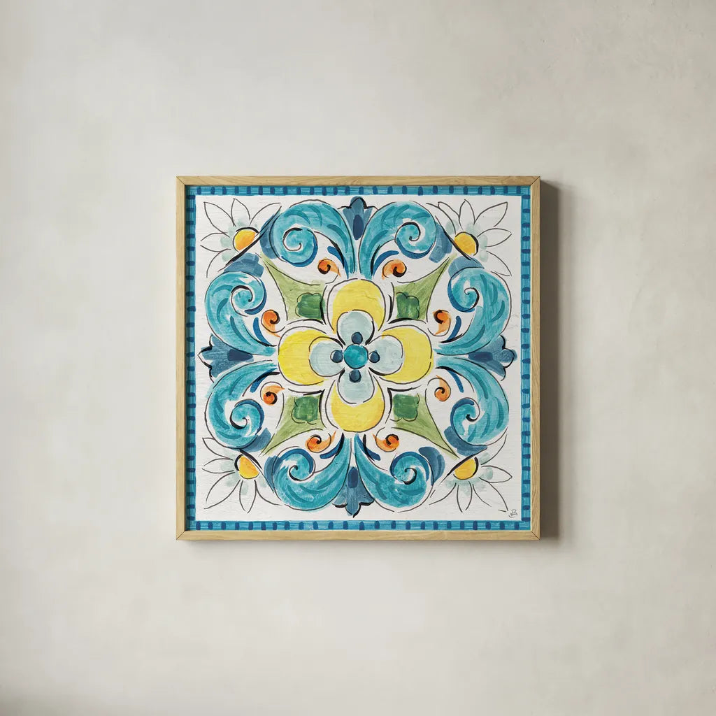 Mediterranean Breeze XVIII by Daphne Brissonnet. Shown in a natural wood glass frame for a timeless modern aesthetic. Available as an archival giclee rolled canvas, fine art paper, or poster print. SKU 47061a.