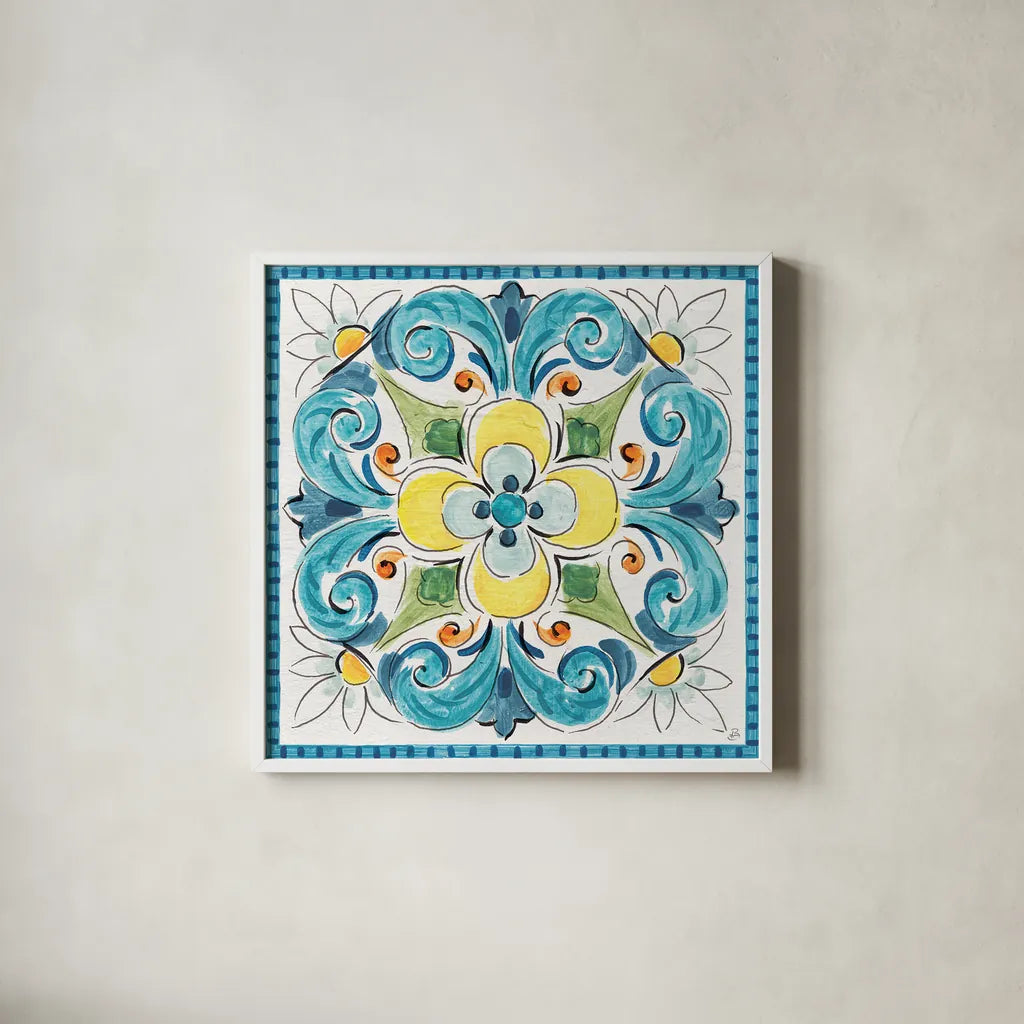 Mediterranean Breeze XVIII by Daphne Brissonnet. Shown in a crisp white glass frame for a clean and minimalist style. Available as an archival giclee rolled canvas, fine art paper, or poster print. SKU 47061a.