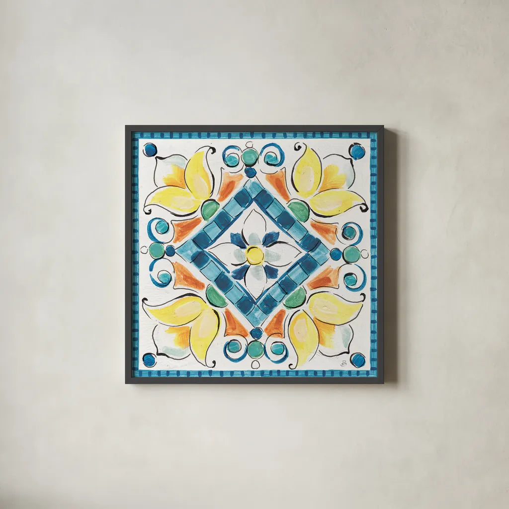 Mediterranean Breeze XX by Daphne Brissonnet. Shown in a sleek black glass frame for a contemporary gallery look. Available as an archival giclee rolled canvas, fine art paper, or poster print. SKU 47063a.