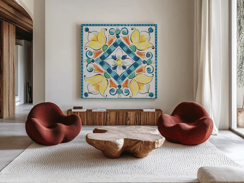 Mediterranean Breeze XX by Daphne Brissonnet. Shown as extra-large giant wall art in a modern living room. Available as an archival giclee rolled canvas, fine art paper, or poster print. SKU 47063a.