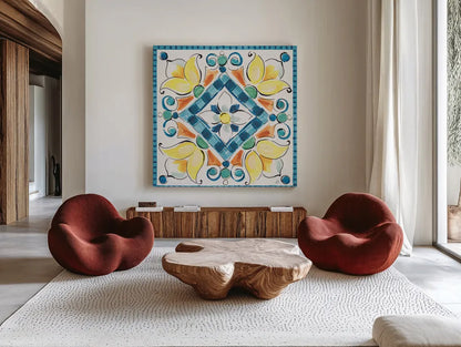 Mediterranean Breeze XX by Daphne Brissonnet. Shown as extra-large giant wall art in a modern living room. Available as an archival giclee rolled canvas, fine art paper, or poster print. SKU 47063a.