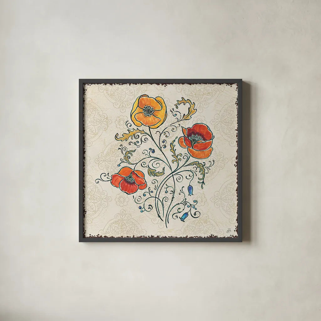 Mediterranean Flair II by Daphne Brissonnet. Shown in a sleek black glass frame for a contemporary gallery look. Available as an archival giclee rolled canvas, fine art paper, or poster print. SKU 26004a.