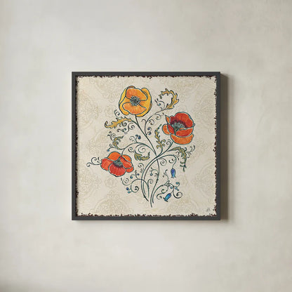 Mediterranean Flair II by Daphne Brissonnet. Shown in a sleek black glass frame for a contemporary gallery look. Available as an archival giclee rolled canvas, fine art paper, or poster print. SKU 26004a.