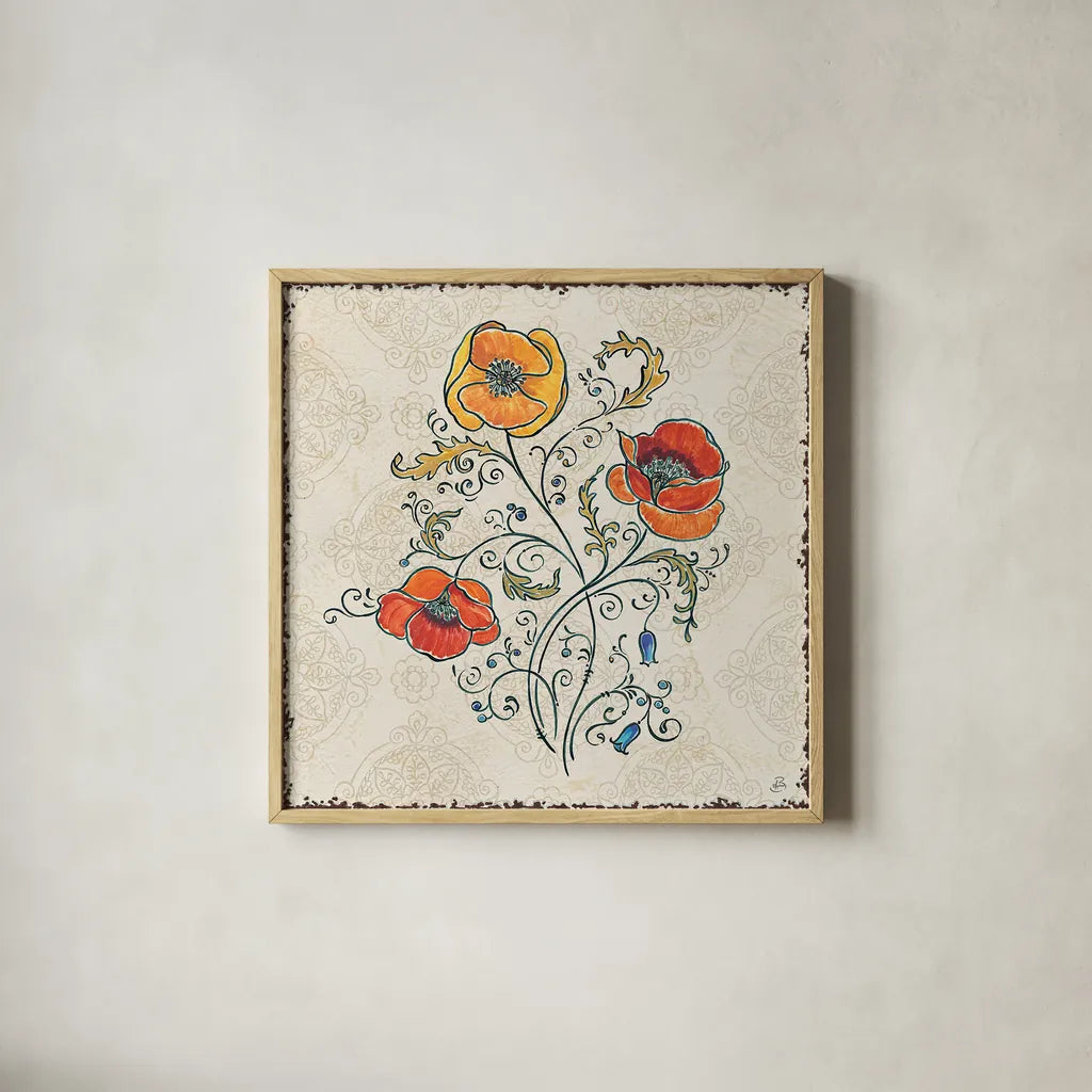 Mediterranean Flair II by Daphne Brissonnet. Shown in a natural wood glass frame for a timeless modern aesthetic. Available as an archival giclee rolled canvas, fine art paper, or poster print. SKU 26004a.