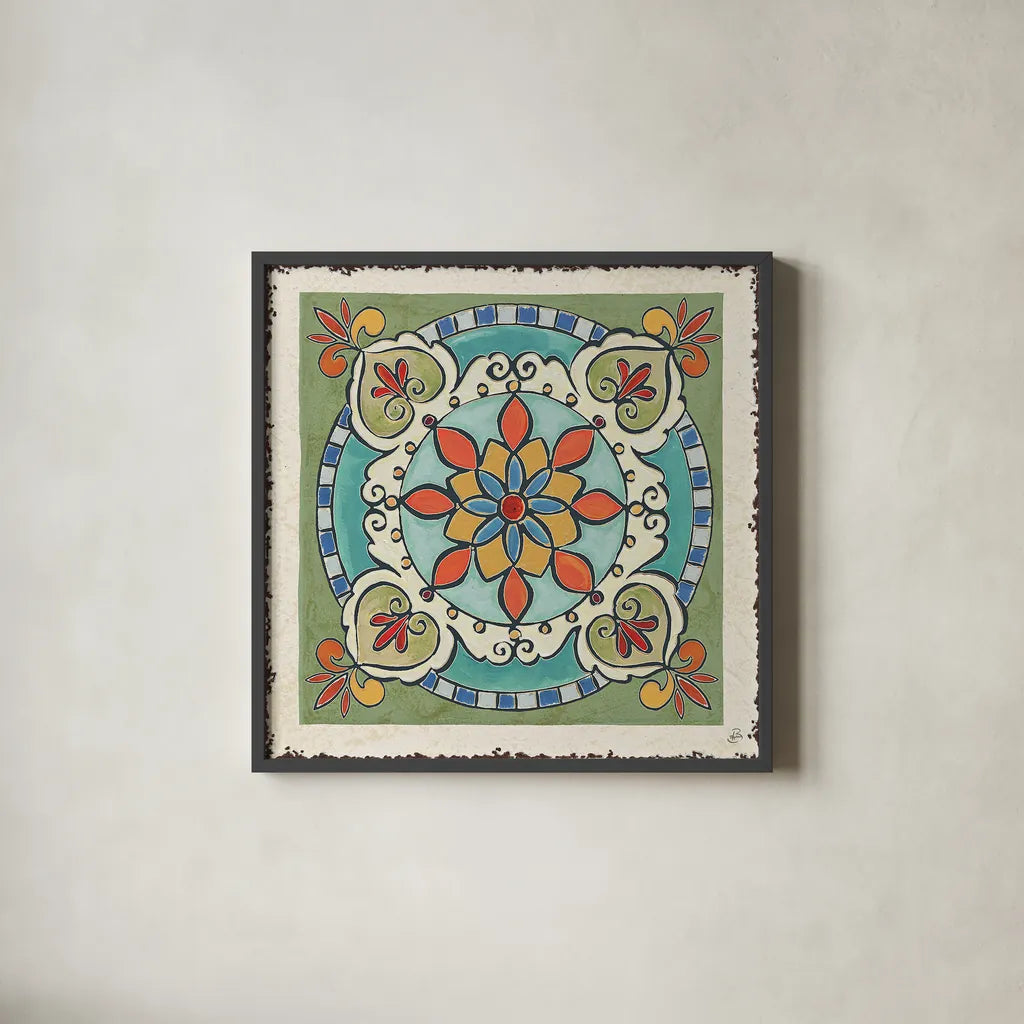 Mediterranean Flair IX by Daphne Brissonnet. Shown in a sleek black glass frame for a contemporary gallery look. Available as an archival giclee rolled canvas, fine art paper, or poster print. SKU 26011a.