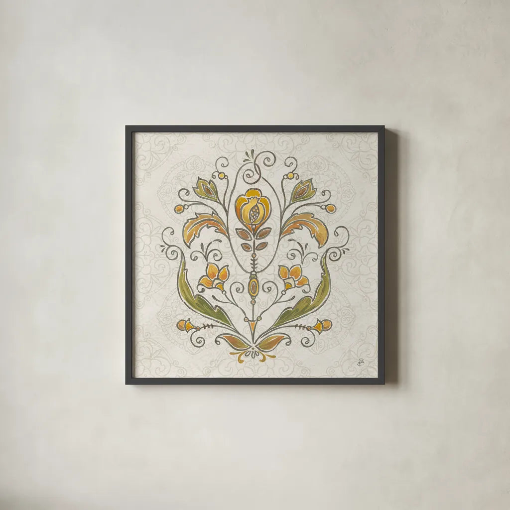 Mediterranean Flair V Neutral by Daphne Brissonnet. Shown in a sleek black glass frame for a contemporary gallery look. Available as an archival giclee rolled canvas, fine art paper, or poster print. SKU 75642a.