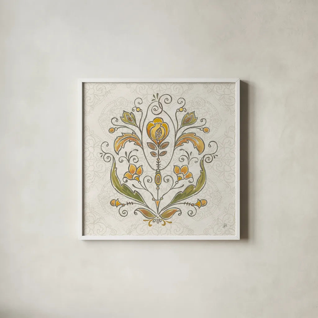 Mediterranean Flair V Neutral by Daphne Brissonnet. Shown in a crisp white glass frame for a clean and minimalist style. Available as an archival giclee rolled canvas, fine art paper, or poster print. SKU 75642a.