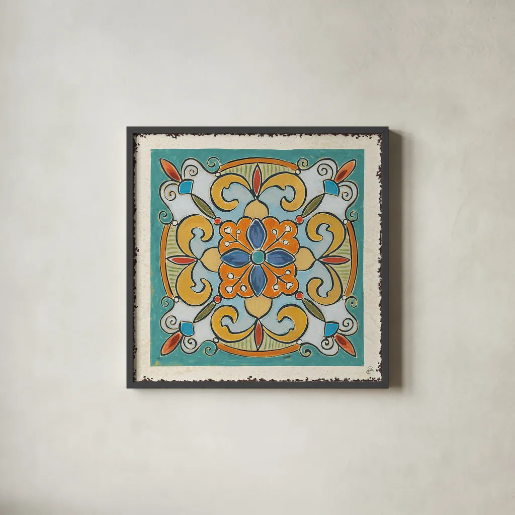 Mediterranean Flair VII by Daphne Brissonnet. Shown in a sleek black glass frame for a contemporary gallery look. Available as an archival giclee rolled canvas, fine art paper, or poster print. SKU 26009a.