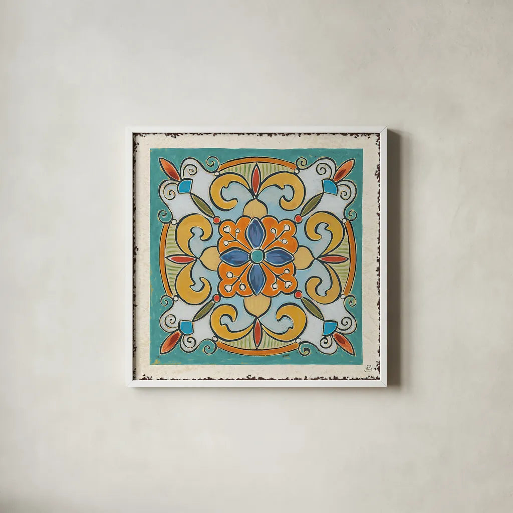 Mediterranean Flair VII by Daphne Brissonnet. Shown in a crisp white glass frame for a clean and minimalist style. Available as an archival giclee rolled canvas, fine art paper, or poster print. SKU 26009a.