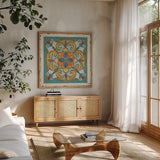 Mediterranean Flair VII by Daphne Brissonnet. Shown in a natural wood frame in a cozy modern living room. Available as an archival giclee rolled canvas, fine art paper, or poster print. SKU 26009a.