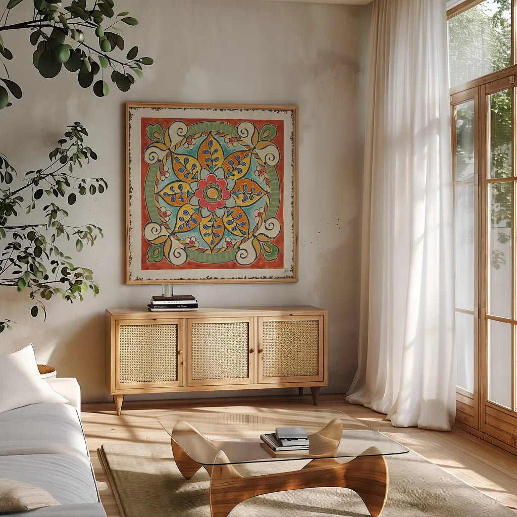 Mediterranean Flair VIII by Daphne Brissonnet. Shown in a natural wood frame in a cozy modern living room. Available as an archival giclee rolled canvas, fine art paper, or poster print. SKU 26010a.