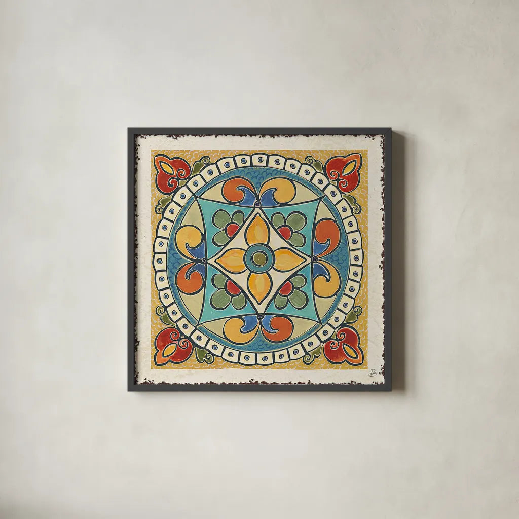 Mediterranean Flair X by Daphne Brissonnet. Shown in a sleek black glass frame for a contemporary gallery look. Available as an archival giclee rolled canvas, fine art paper, or poster print. SKU 26012a.