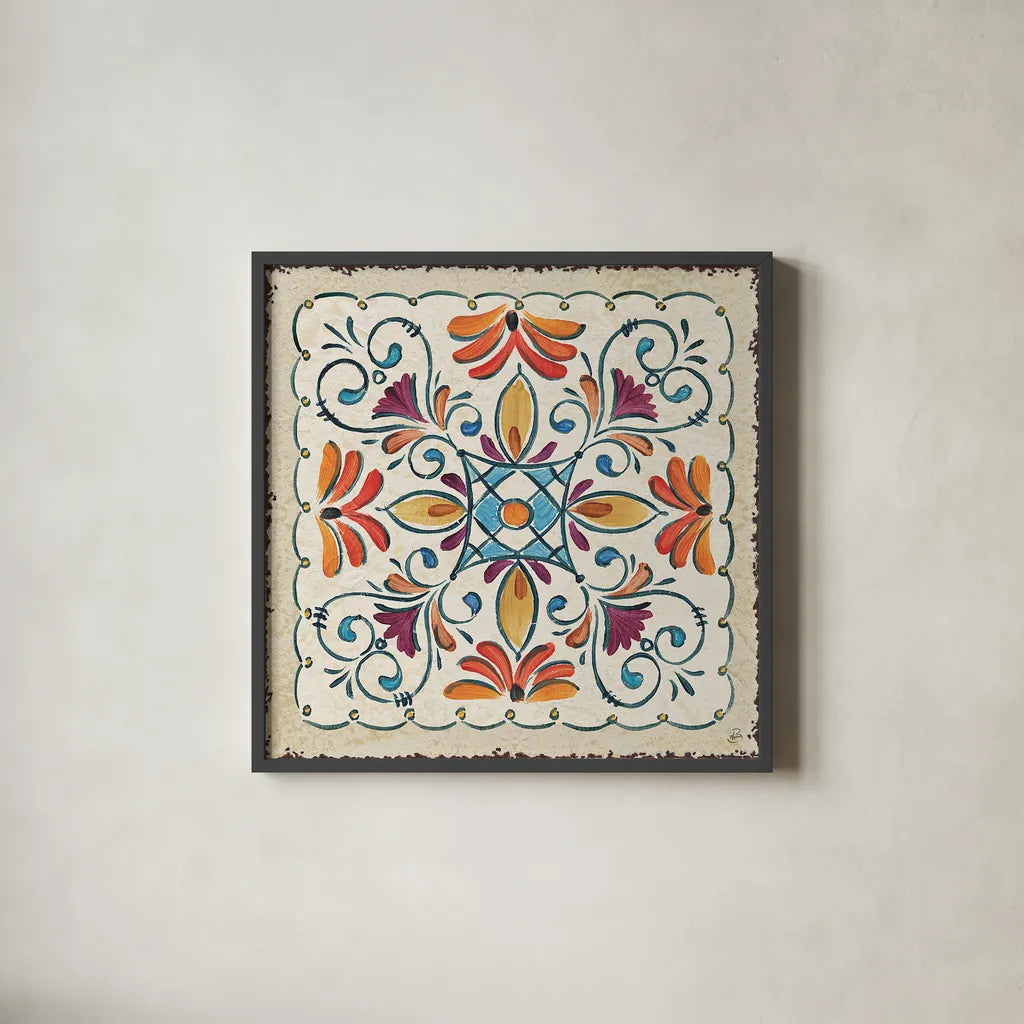 Mediterranean Flair XII by Daphne Brissonnet. Shown in a sleek black glass frame for a contemporary gallery look. Available as an archival giclee rolled canvas, fine art paper, or poster print. SKU 26014a.