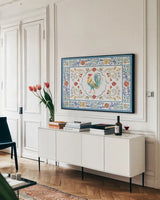 Morning Bloom I by Daphne Brissonnet. shown as a framed stretched canvas in a living room above a console. Available as a archival giclee rolled canvas, fine art paper, or poster print. SKU 49558i.