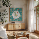 Morning Bloom II by Daphne Brissonnet. Shown in a natural wood frame in a cozy modern living room. Available as an archival giclee rolled canvas, fine art paper, or poster print. SKU 49570a.