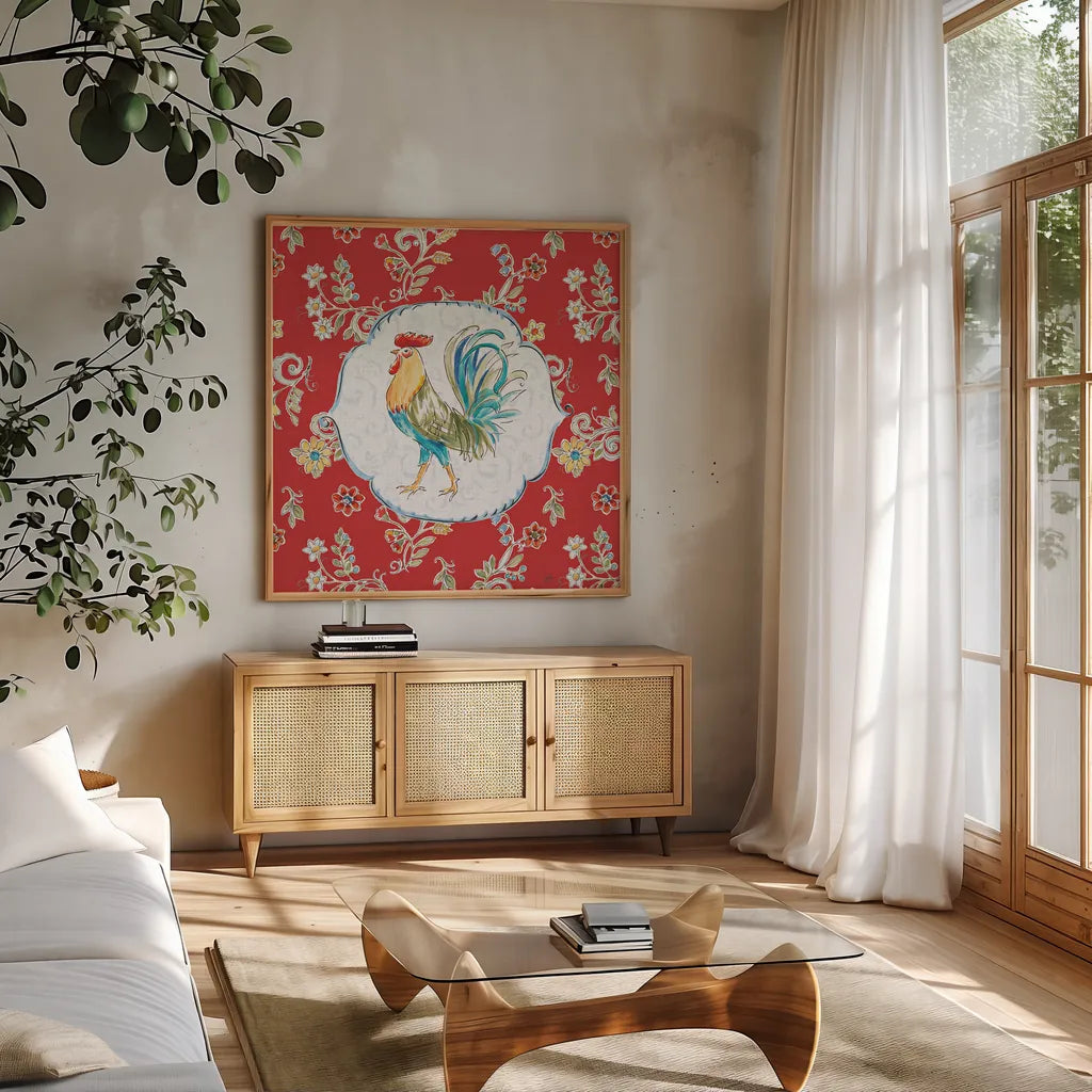 Morning Bloom III by Daphne Brissonnet. Shown in a natural wood frame in a cozy modern living room. Available as an archival giclee rolled canvas, fine art paper, or poster print. SKU 49571a.