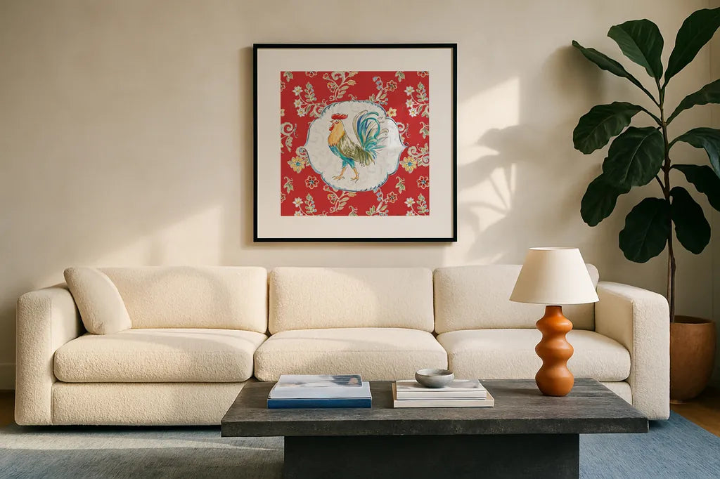 Morning Bloom III by Daphne Brissonnet. Displayed in a glass frame with matte in a clean modern living room. Available as an archival giclee rolled canvas, fine art paper, or poster print. SKU 49571a.