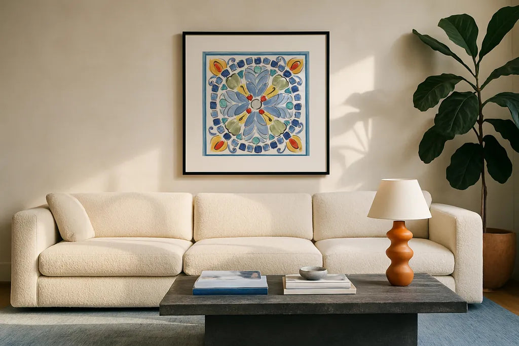 Morning Bloom IX by Daphne Brissonnet. Displayed in a glass frame with matte in a clean modern living room. Available as an archival giclee rolled canvas, fine art paper, or poster print. SKU 49577a.