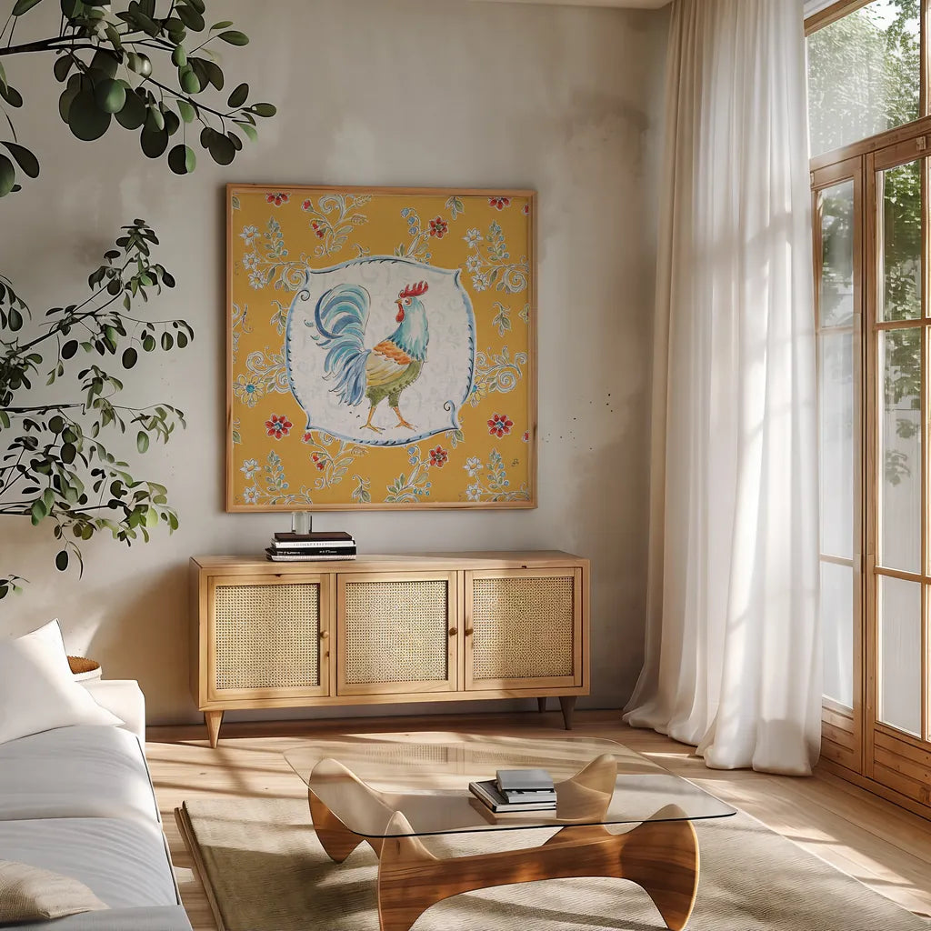 Morning Bloom V by Daphne Brissonnet. Shown in a natural wood frame in a cozy modern living room. Available as an archival giclee rolled canvas, fine art paper, or poster print. SKU 49573a.