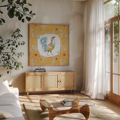 Morning Bloom V by Daphne Brissonnet. Shown in a natural wood frame in a cozy modern living room. Available as an archival giclee rolled canvas, fine art paper, or poster print. SKU 49573a.