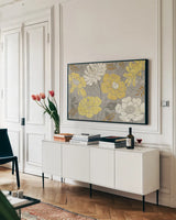 Morning Tones Gold III by Daphne Brissonnet. shown as a framed stretched canvas in a living room above a console. Available as a archival giclee rolled canvas, fine art paper, or poster print. SKU 10600i.