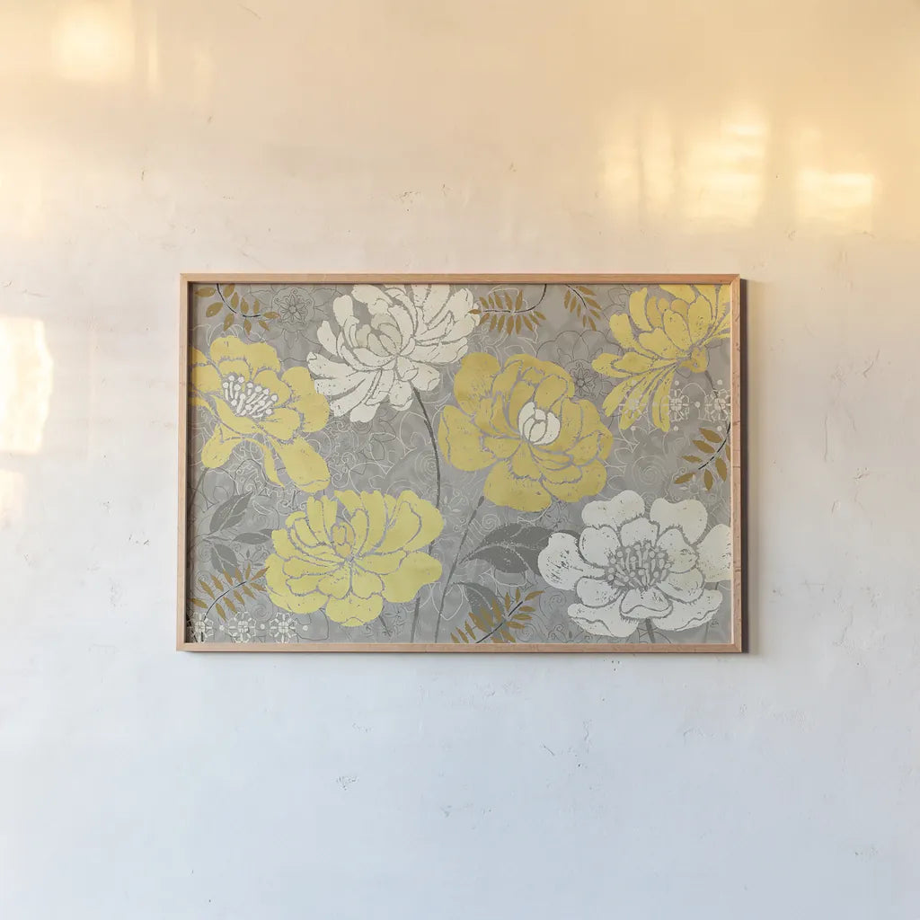 Morning Tones Gold III by Daphne Brissonnet. shown as a paper print in a natural frame. Available as a archival giclee rolled canvas, fine art paper, or poster print. SKU 10600i.