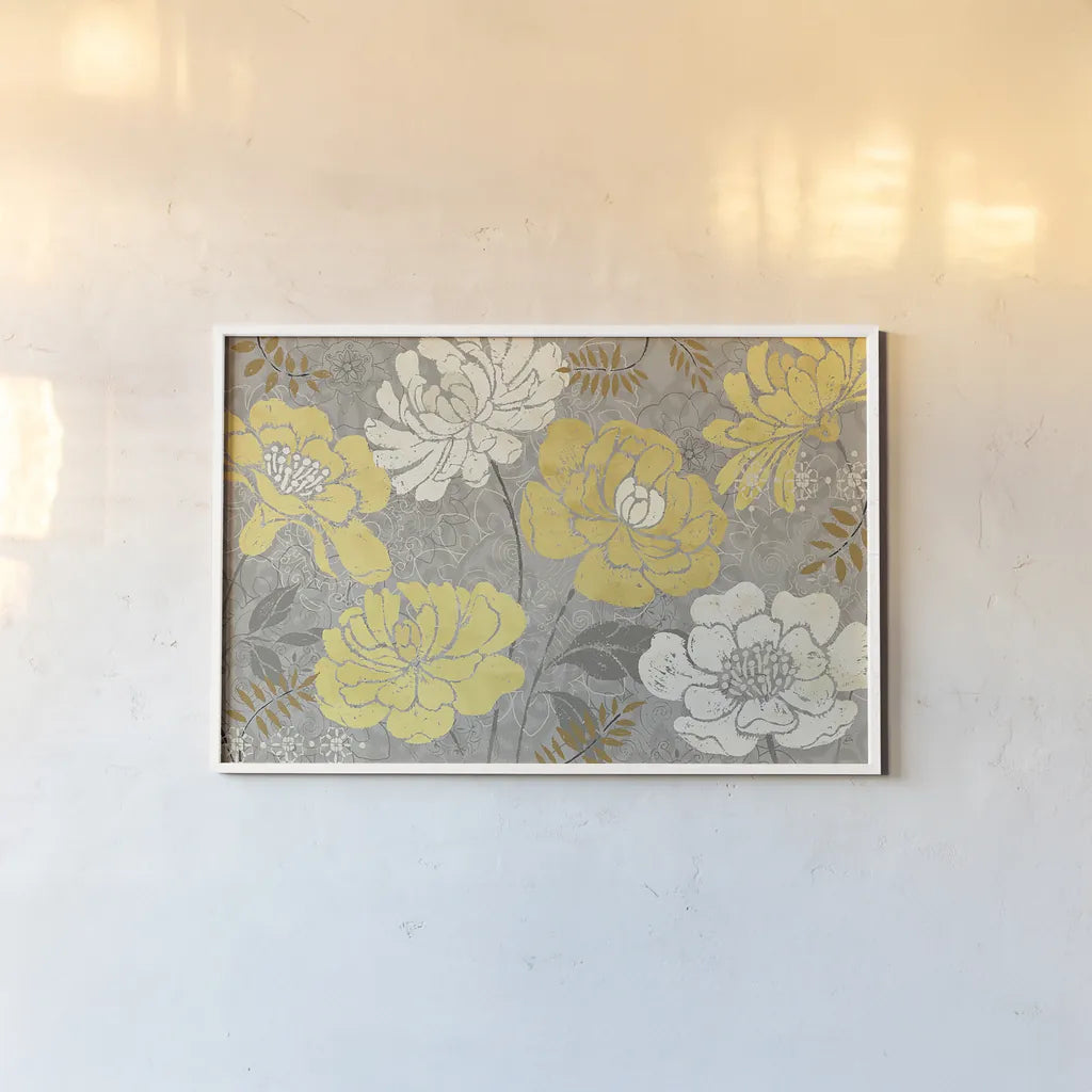 Morning Tones Gold III by Daphne Brissonnet. shown as a paper print in a white frame. Available as a archival giclee rolled canvas, fine art paper, or poster print. SKU 10600i.