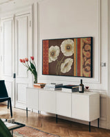 Moroccan Red Applique by Daphne Brissonnet. shown as a framed stretched canvas in a living room above a console. Available as a archival giclee rolled canvas, fine art paper, or poster print. SKU 11273i.