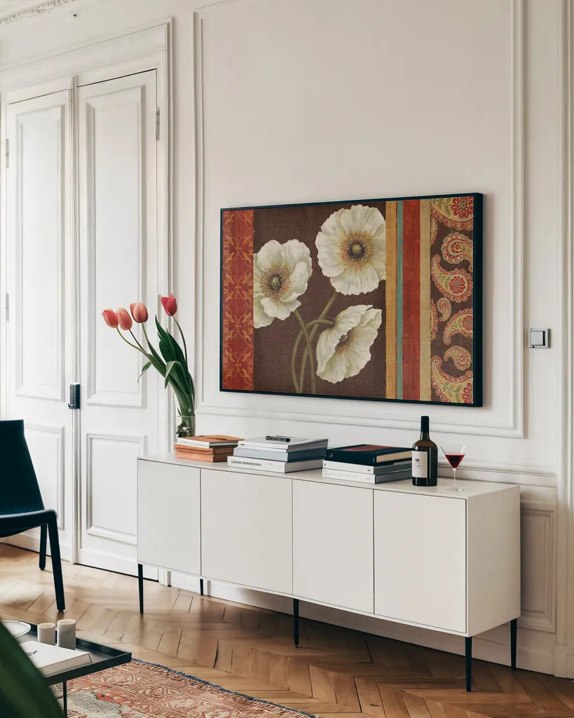 Moroccan Red Applique by Daphne Brissonnet. shown as a framed stretched canvas in a living room above a console. Available as a archival giclee rolled canvas, fine art paper, or poster print. SKU 11273i.