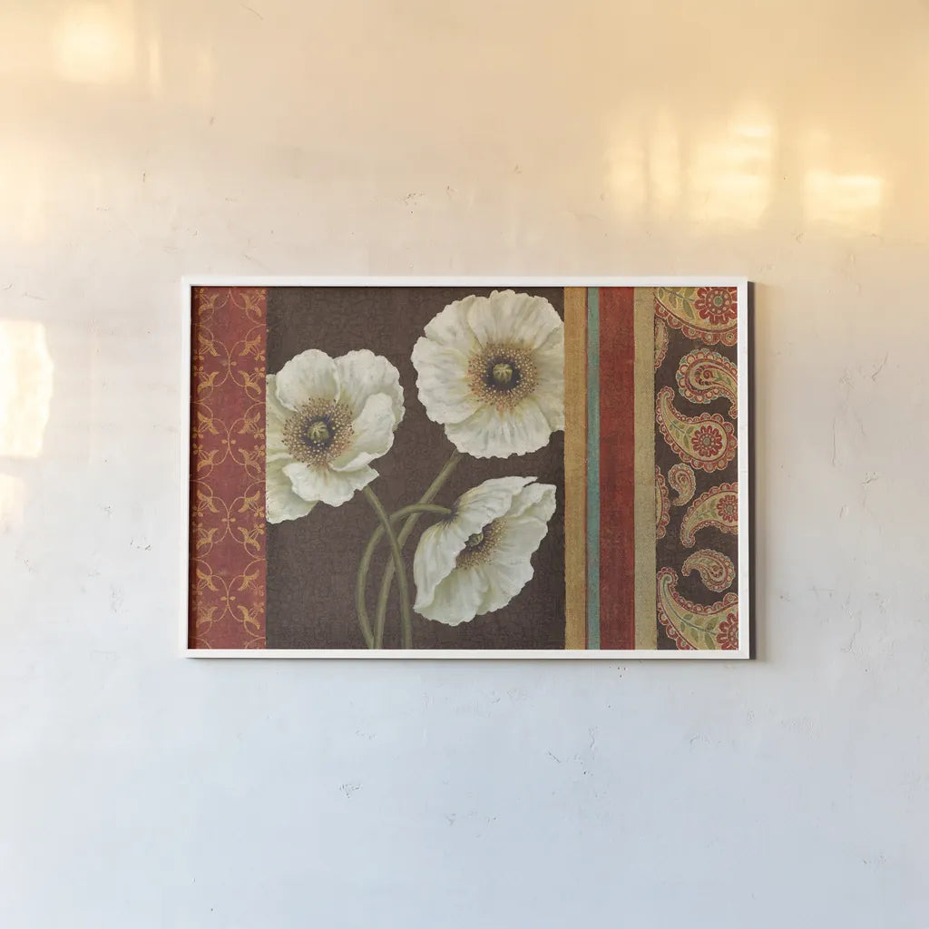 Moroccan Red Applique by Daphne Brissonnet. shown as a paper print in a white frame. Available as a archival giclee rolled canvas, fine art paper, or poster print. SKU 11273i.