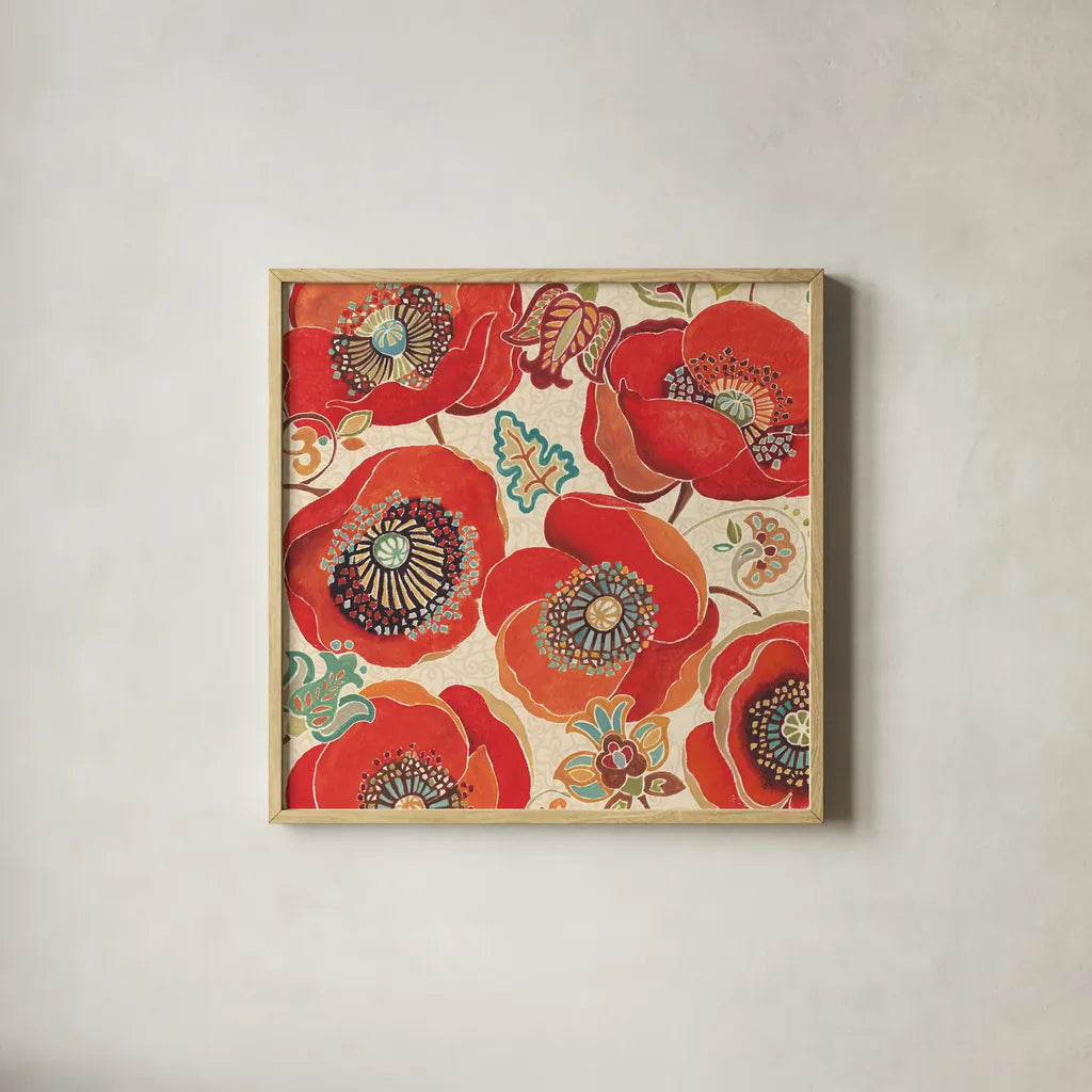 Moroccan Red I Light by Daphne Brissonnet. Shown in a natural wood glass frame for a timeless modern aesthetic. Available as an archival giclee rolled canvas, fine art paper, or poster print. SKU 10717a.
