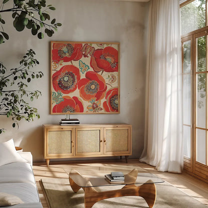 Moroccan Red I Light by Daphne Brissonnet. Shown in a natural wood frame in a cozy modern living room. Available as an archival giclee rolled canvas, fine art paper, or poster print. SKU 10717a.