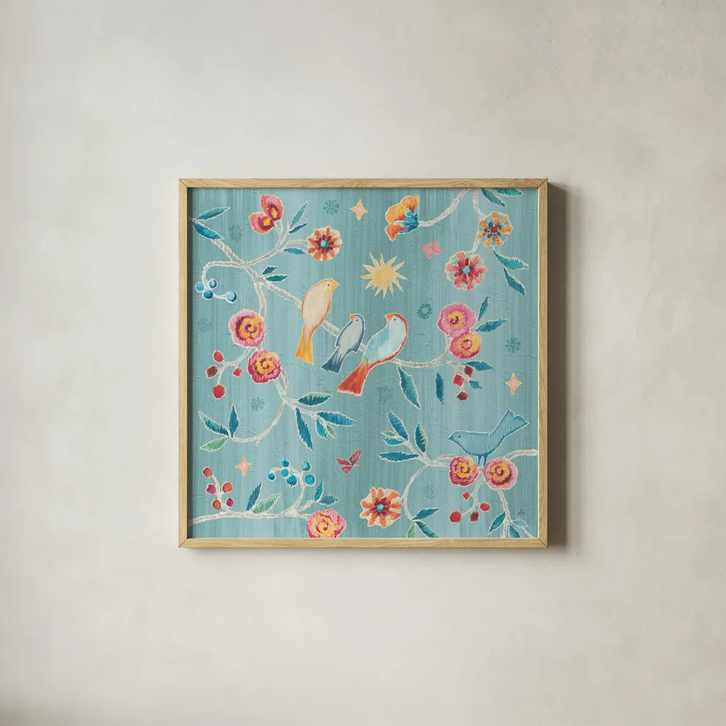My Bohemian Life III Color by Daphne Brissonnet. Shown in a natural wood glass frame for a timeless modern aesthetic. Available as an archival giclee rolled canvas, fine art paper, or poster print. SKU 60748a.