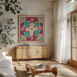 My Bohemian Life IX by Daphne Brissonnet. Shown in a natural wood frame in a cozy modern living room. Available as an archival giclee rolled canvas, fine art paper, or poster print. SKU 60739a.