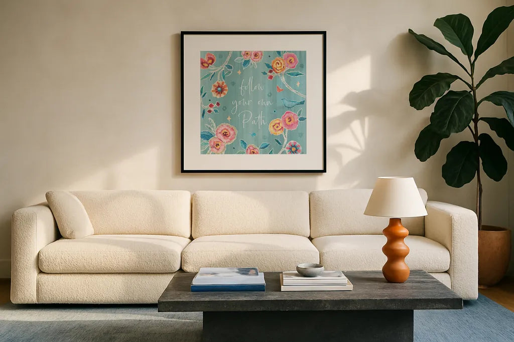 My Bohemian Life VI Color by Daphne Brissonnet. Displayed in a glass frame with matte in a clean modern living room. Available as an archival giclee rolled canvas, fine art paper, or poster print. SKU 60751a.
