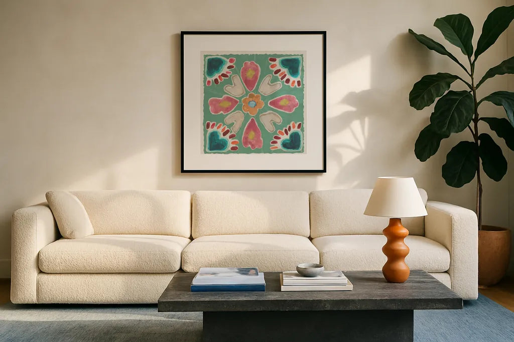 My Bohemian Life X by Daphne Brissonnet. Displayed in a glass frame with matte in a clean modern living room. Available as an archival giclee rolled canvas, fine art paper, or poster print. SKU 60740a.