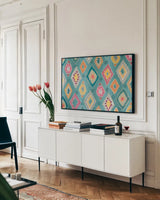 My Bohemian Life XII by Daphne Brissonnet. shown as a framed stretched canvas in a living room above a console. Available as a archival giclee rolled canvas, fine art paper, or poster print. SKU 60742i.