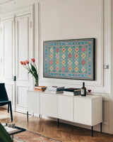 My Bohemian Life XIII by Daphne Brissonnet. shown as a framed stretched canvas in a living room above a console. Available as a archival giclee rolled canvas, fine art paper, or poster print. SKU 60743i.