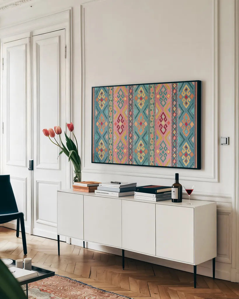 My Bohemian Life XV by Daphne Brissonnet. shown as a framed stretched canvas in a living room above a console. Available as a archival giclee rolled canvas, fine art paper, or poster print. SKU 60745i.