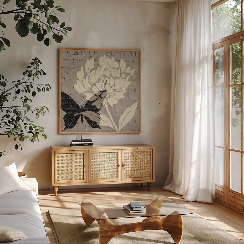 Natural Prints I by Daphne Brissonnet. Shown in a natural wood frame in a cozy modern living room. Available as an archival giclee rolled canvas, fine art paper, or poster print. SKU 5783a.