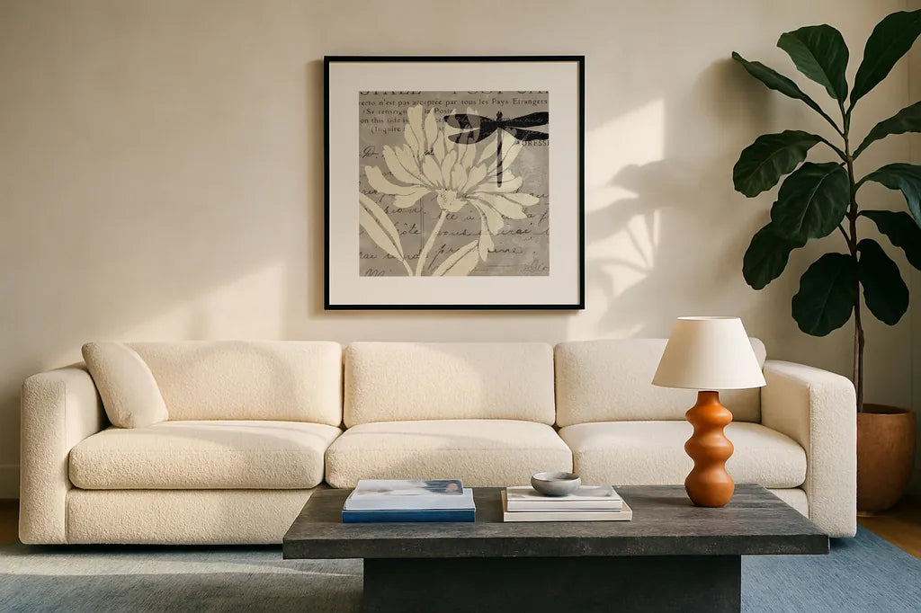 Natural Prints II by Daphne Brissonnet. Displayed in a glass frame with matte in a clean modern living room. Available as an archival giclee rolled canvas, fine art paper, or poster print. SKU 5784a.