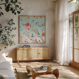 Natures Bliss III by Daphne Brissonnet. Shown in a natural wood frame in a cozy modern living room. Available as an archival giclee rolled canvas, fine art paper, or poster print. SKU 48137a.