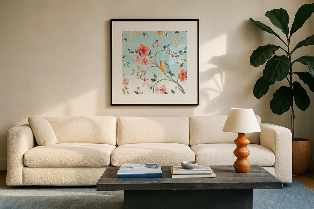 Natures Bliss III by Daphne Brissonnet. Displayed in a glass frame with matte in a clean modern living room. Available as an archival giclee rolled canvas, fine art paper, or poster print. SKU 48137a.