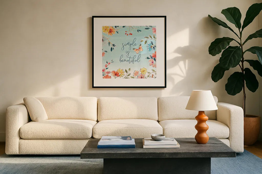 Natures Bliss V by Daphne Brissonnet. Displayed in a glass frame with matte in a clean modern living room. Available as an archival giclee rolled canvas, fine art paper, or poster print. SKU 48139a.
